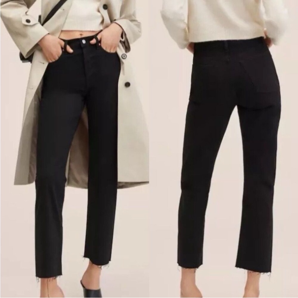 Mango Wide Leg Crop Jeans Size 6 Black High Waist Frayed Hems
